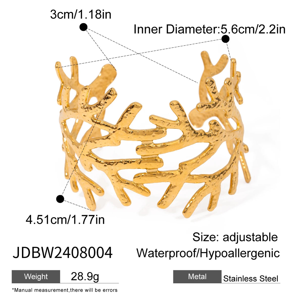 KIKA Unique Stainless Steel 316L Metal Wide Cuff Open Bracelet Bangle  PVD Plated Waterproof