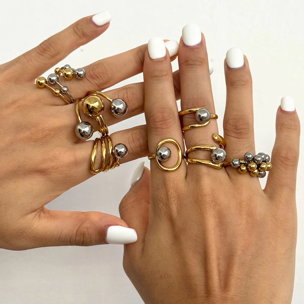 KIKA Minimalist 18k Gold Color PVD Plated Stainless Steel 316L Double tone Line Hollow Steel Ball Ring Personality Statement Stackable