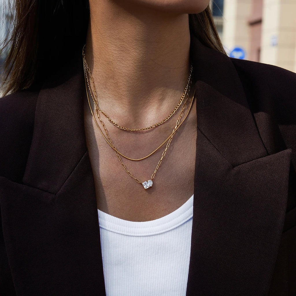Kika Simple Classic Stainless Steel Square White Zircon Water Drop Pendant Necklace