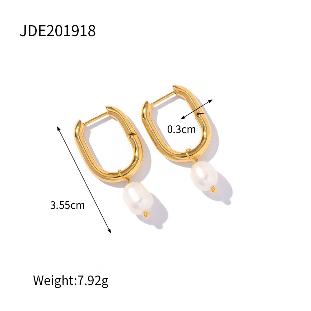 KIKA 316L Stainless Steel 316L Natural Pearl Hoop Earrings Trendy Metalic Golden Geometric