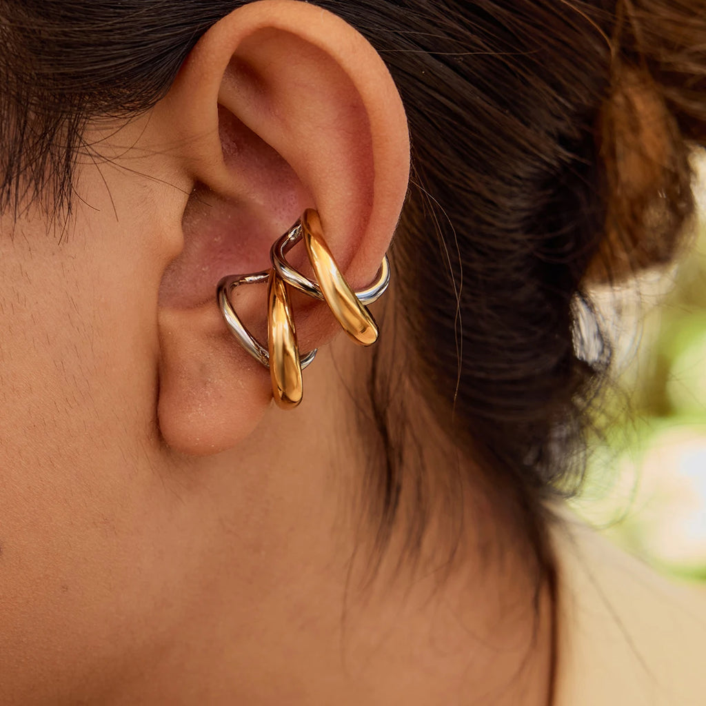 KIKA Fashion Two Tone Cross Geometric Line Earclip Stainless Steel 316L Stackable Earclip