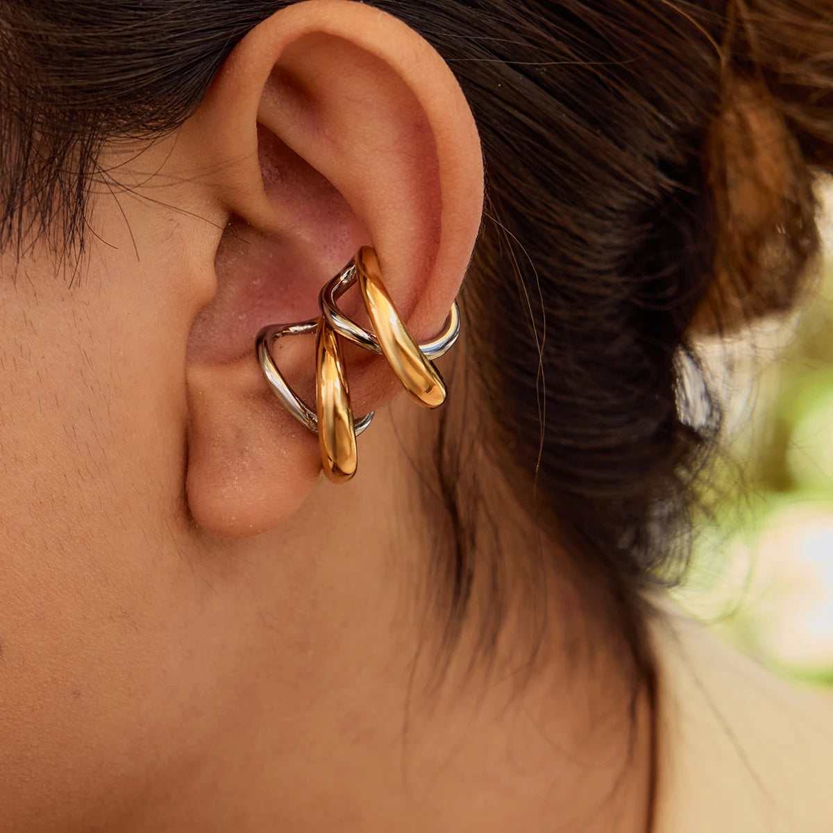 KIKA Fashion Two Tone Cross Geometric Line Earclip Stainless Steel 316L Stackable Earclip