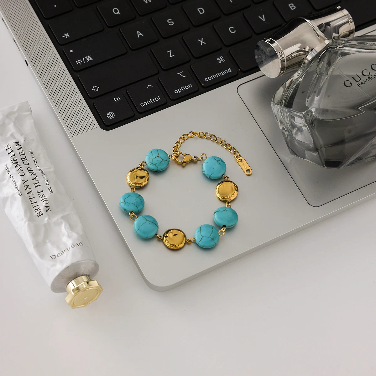 KIKA Vintage 18K Gold Color Plated Stainless Steel Turquoise Coin Round Bracelet  Stackable Pearl Bracelet