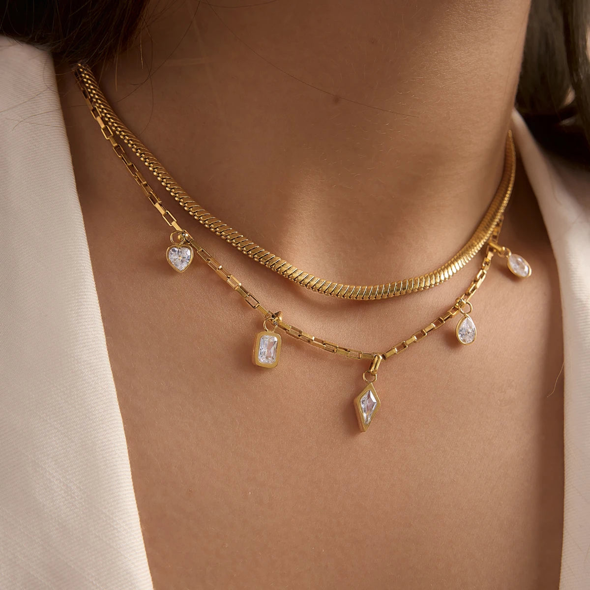 Kika Geometric Zircon Pendant Necklace Minimalist 18K Gold PVD Plated Stainless Steel Necklace 316L