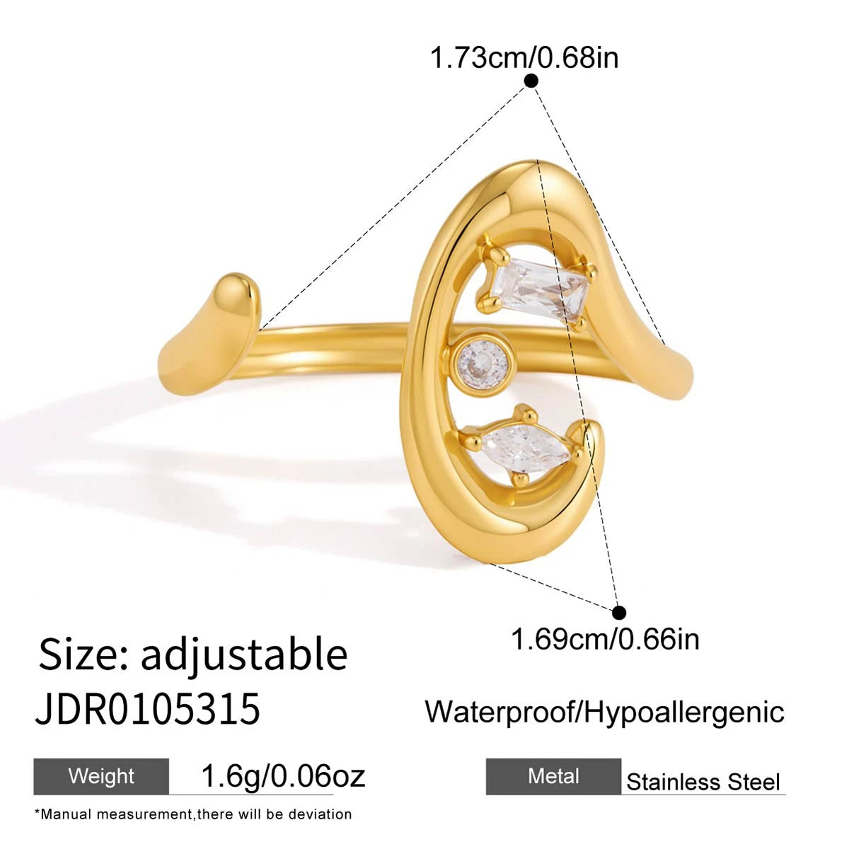 KIKA Delicate Zircon Geometric Open Rings 18K Gold PVD Plated Stainless Steel 316L