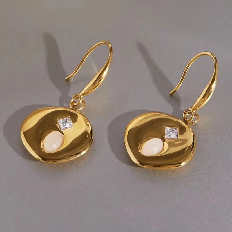 KIKA Natural Stone Zircon Coin Drop Earrings  PVD Plated Stainless Steel 316L