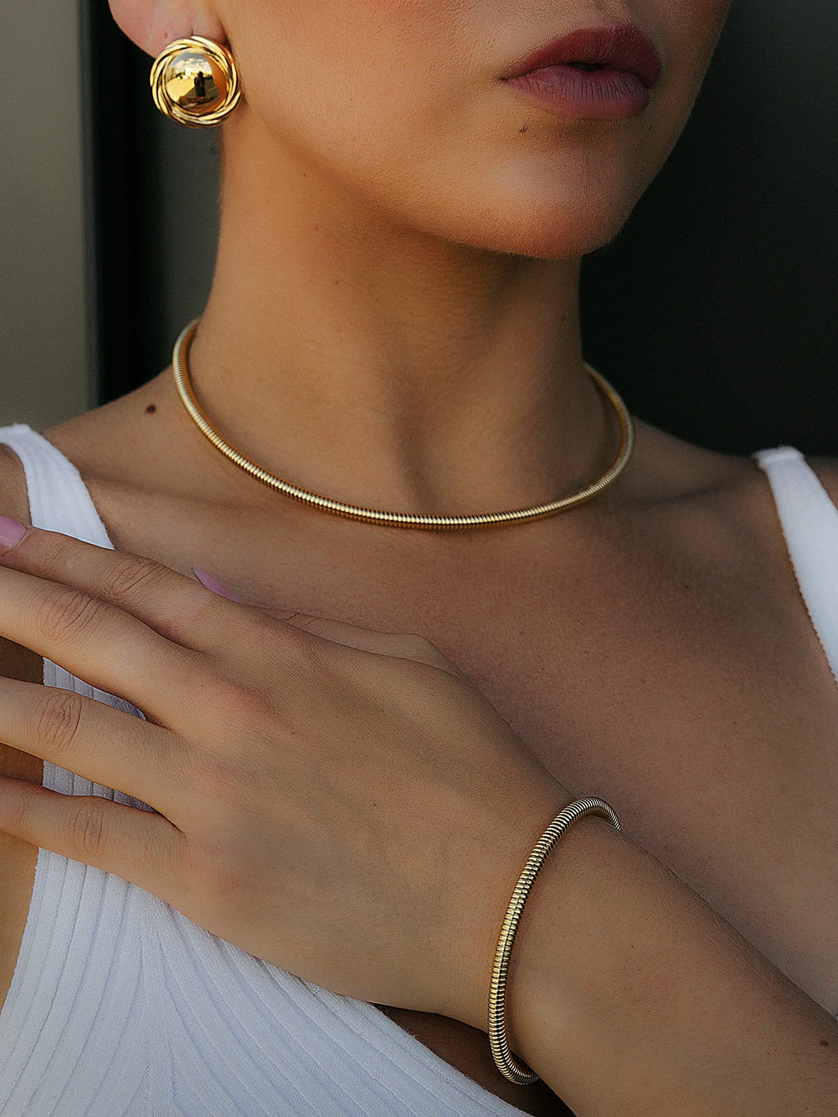 Metal Texture Cuff Necklace Snake Chain 16K Gold Plated