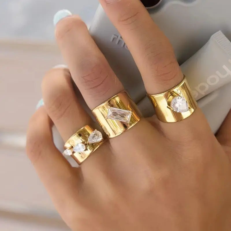 KIKA Pear CZ Gradient Wide Open Adjustable Ring PVD Plated Stainless Steel Hypoallergenic