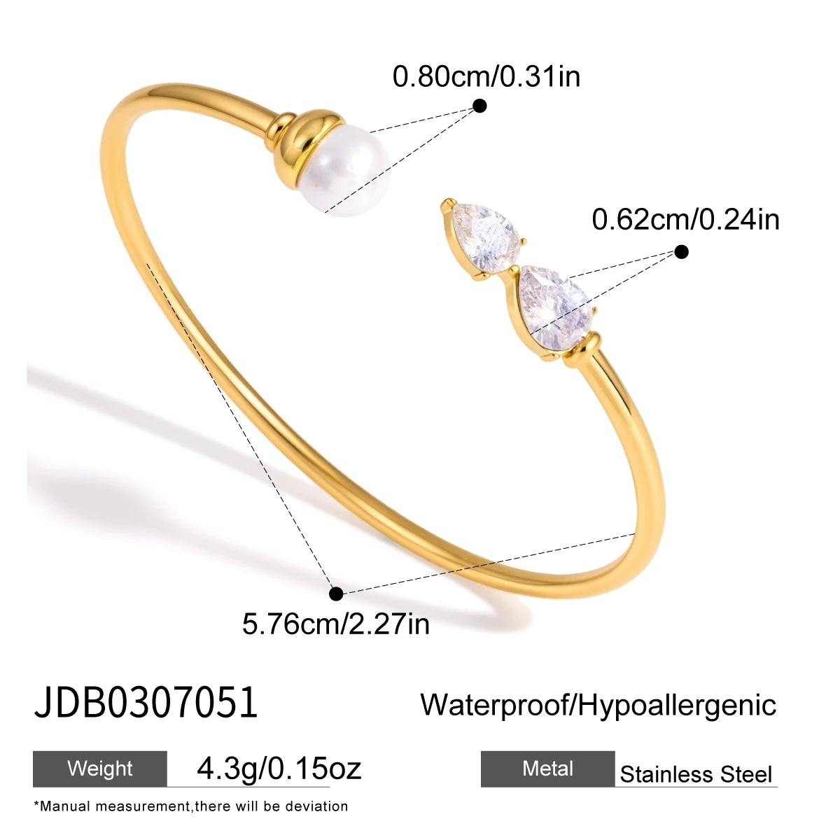 KIKA Imitation Pearl Geometric Zircon Soft Hollow Tube Cuff Bracelet For Women 18K Gold Plated Stainless Steel Bangle Jewelry