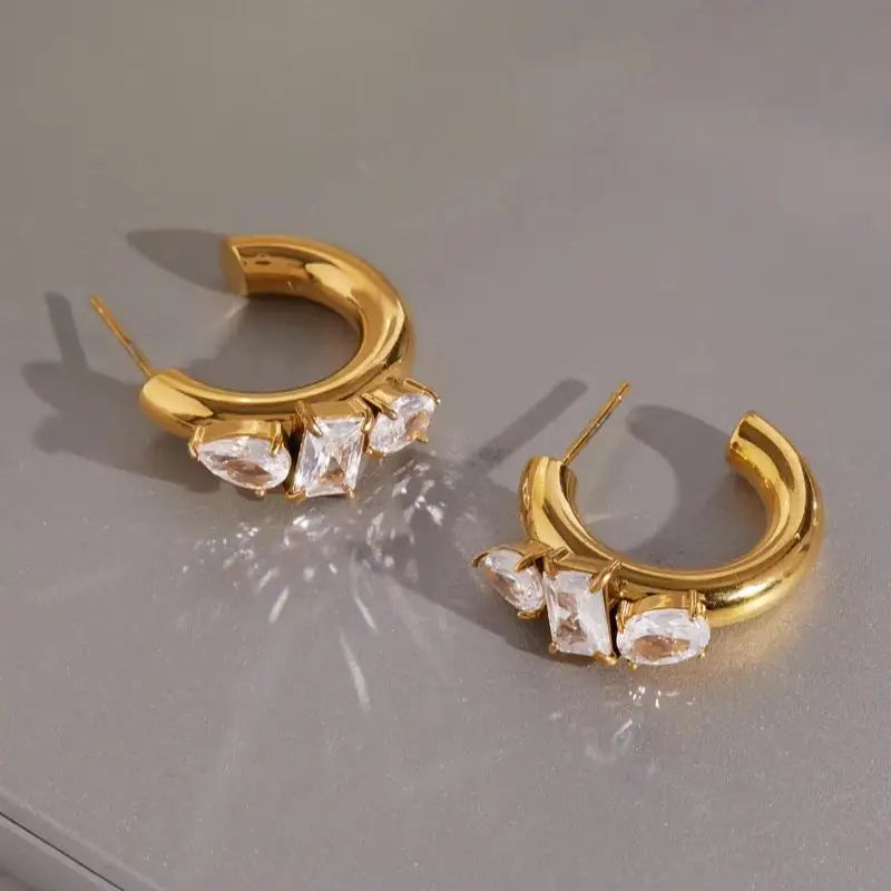 KIKA Geometric Zircon C Shape Stud Earrings 18K Gold PVD Plated Stainless Steel 316L