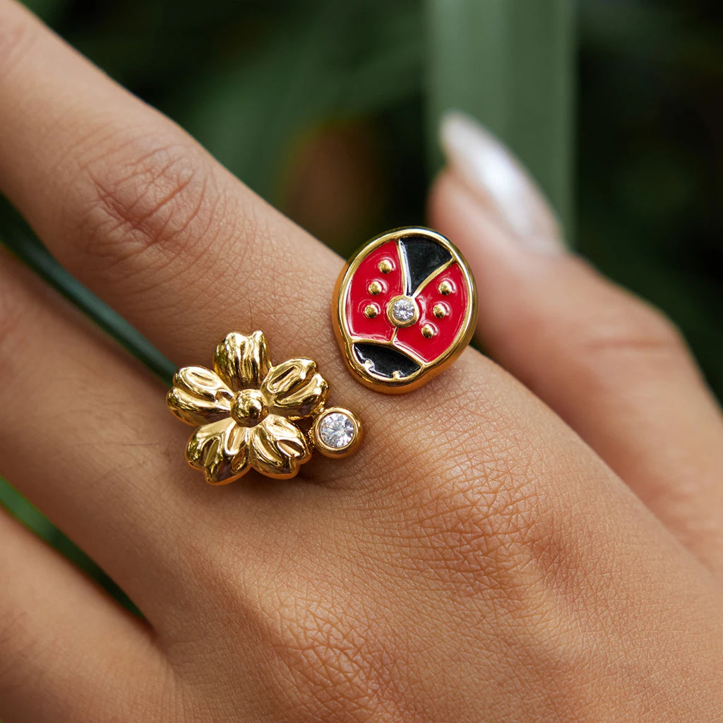 KIKA Fashion Stainless Steel 316L Zircon Drop Oil Ladybug Flower Adjustable Open Ring 18K Golden PVD Plated High Quality Jewelry