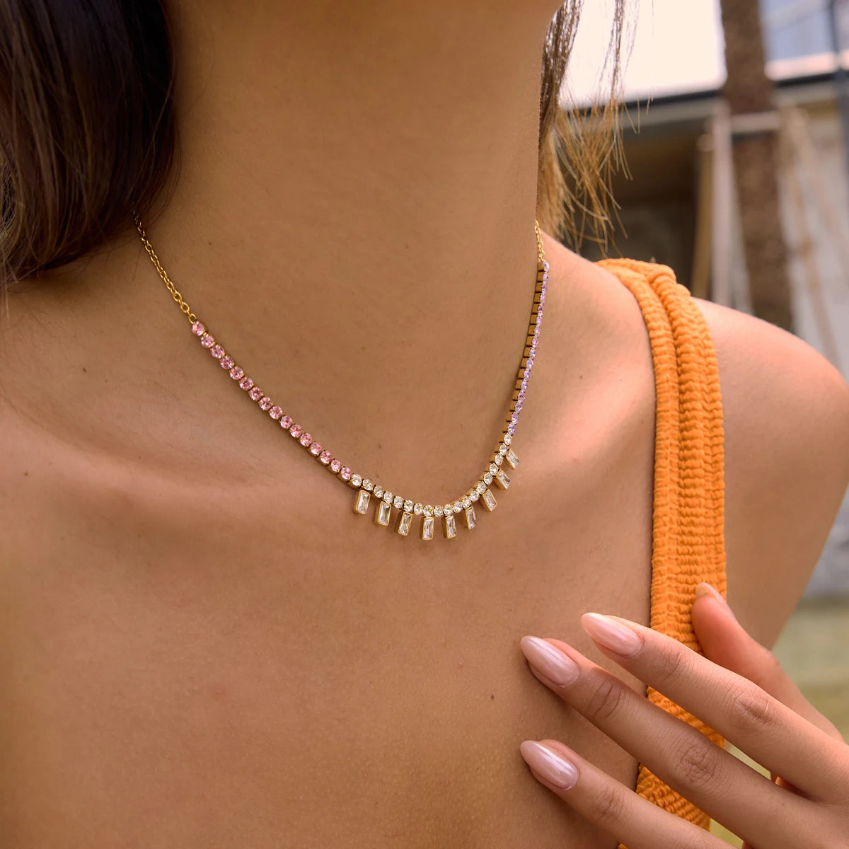 Kika Delicate Square Colorful Zircons Chain Necklace