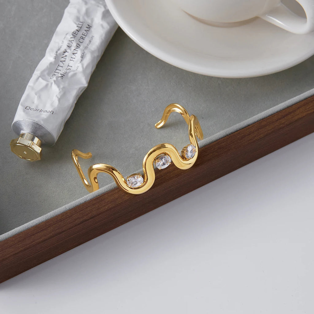 KIKA Classic Trendy 18K Gold Color PVD Plated Elliptical White Zircon Irregular Open Bracelets Waterproof Stainless Steel 316L