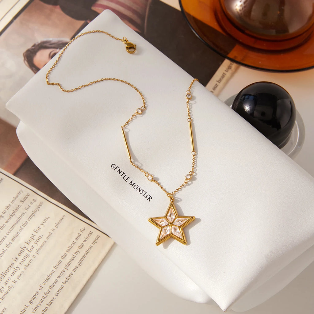 Kika Plated Gold Color Shiny Zircon Star Pendant Necklace