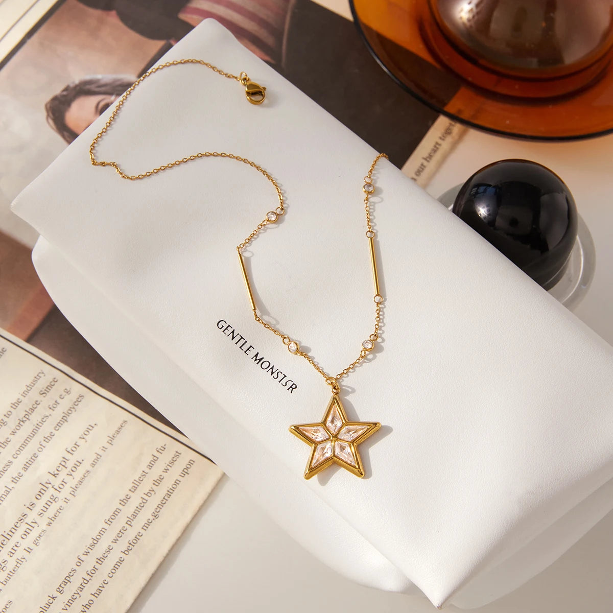 Kika Plated Gold Color Shiny Zircon Star Pendant Necklace