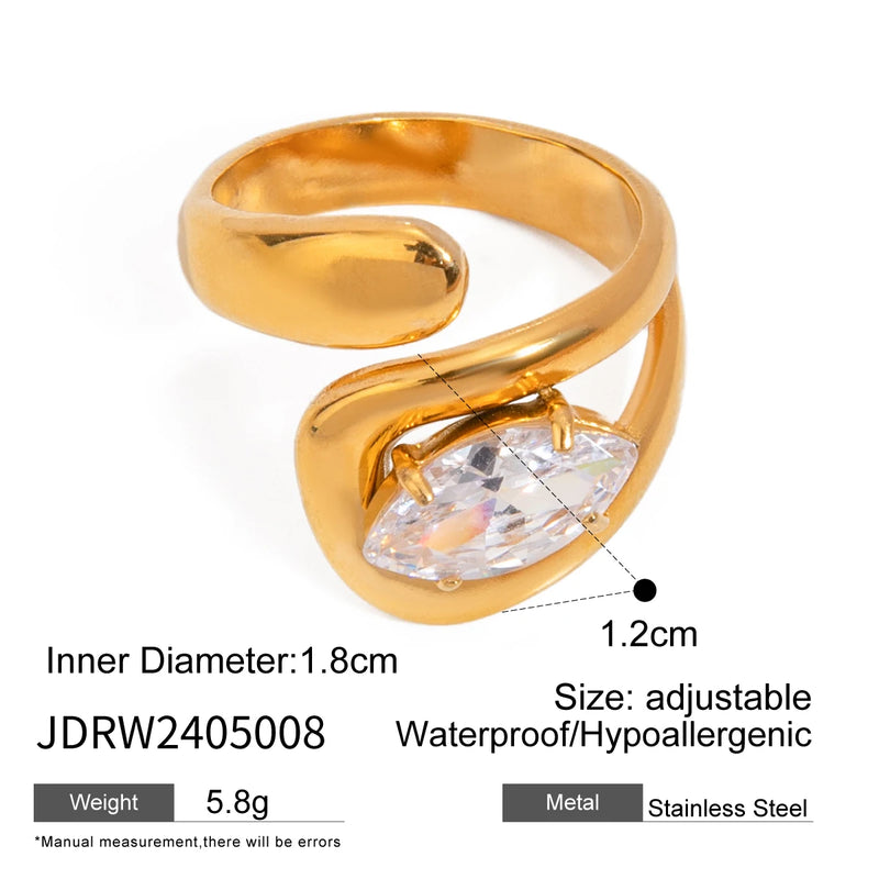 KIKA Shiny Cubic Stainless Steel Zircon Asymmetric Open Ring High-Grade Stainless Steel 18K Golden Plated Rust Proof Jewelry