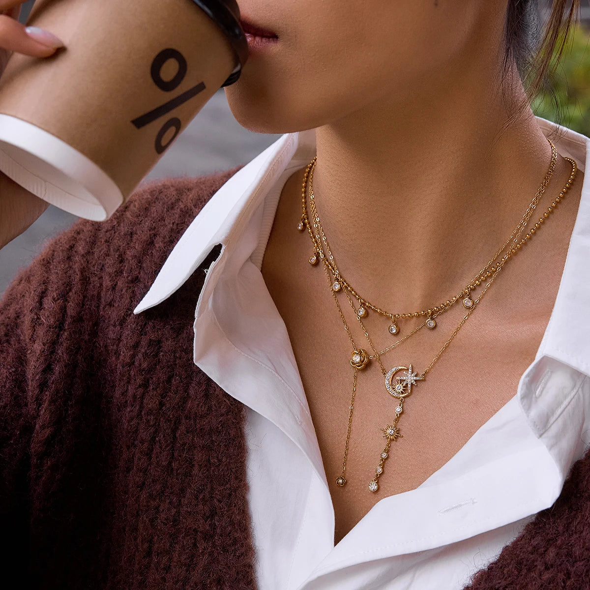 Kika Rhinestones Flower Star Moon Pendant Y-Shaped Chain Necklace
