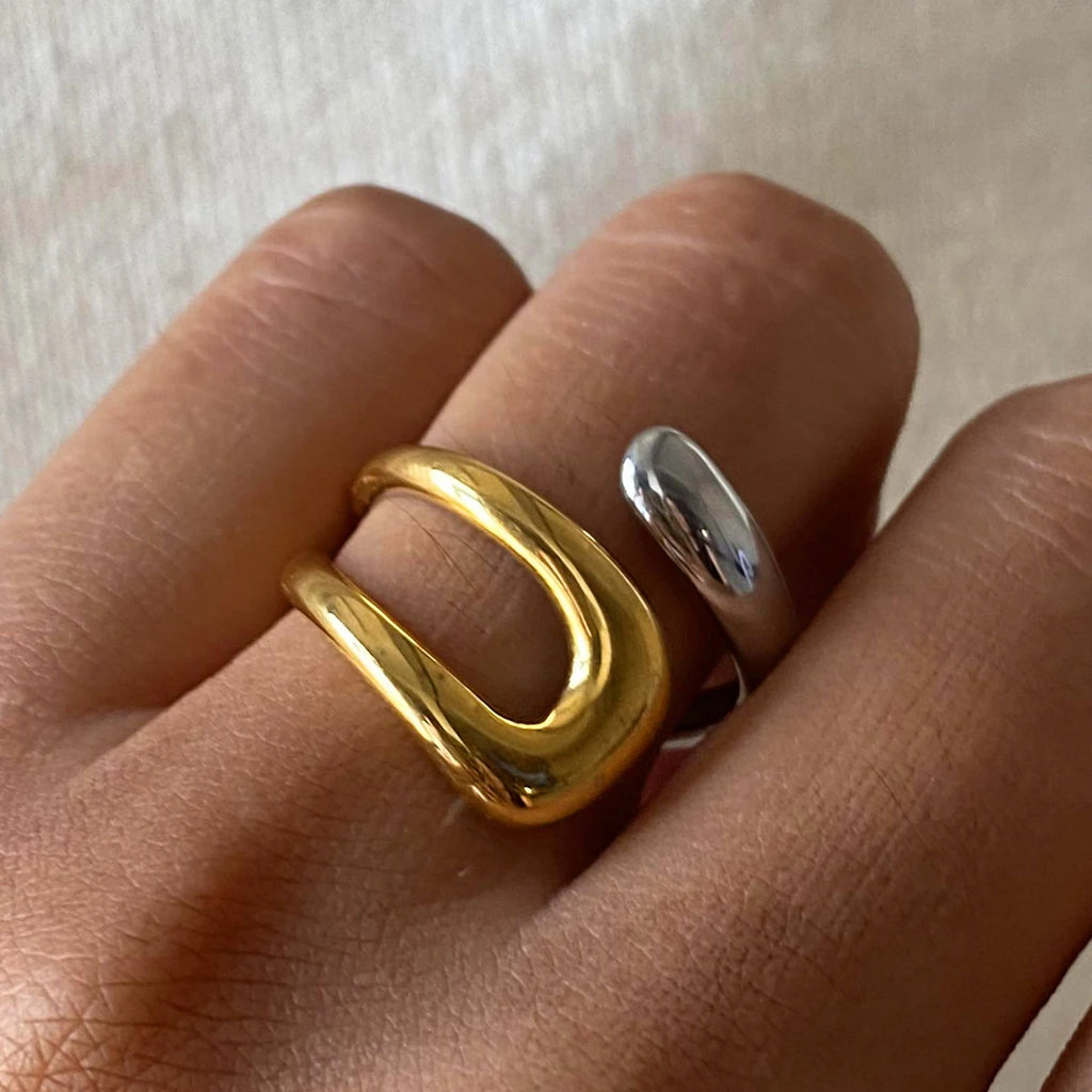 KIKA Stainless Steel Metal Waterproof 18K Gold Thaya Colorblock Cross Asymmetric Open Ring Trendy Jewelry Bagues Pour Femme