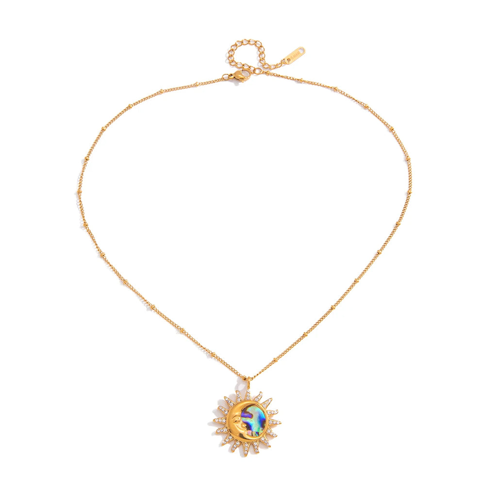 Kika Classic Moon Sun Pendant With White Rhineston Bead Chain Necklace
