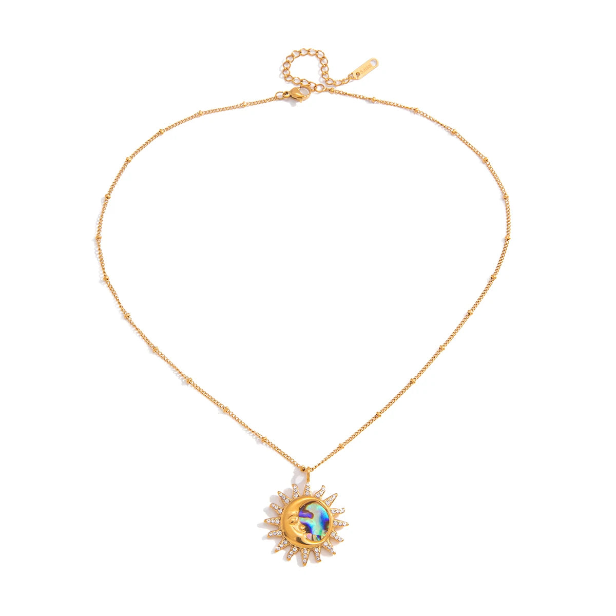Kika Classic Moon Sun Pendant With White Rhineston Bead Chain Necklace