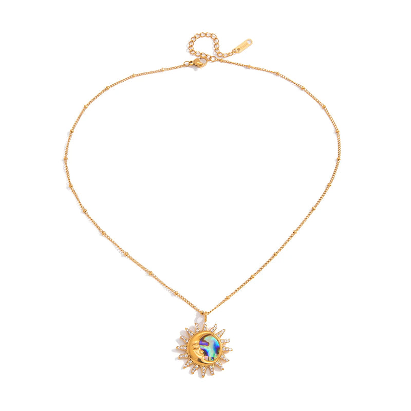 Kika Classic Moon Sun Pendant With White Rhineston Bead Chain Necklace