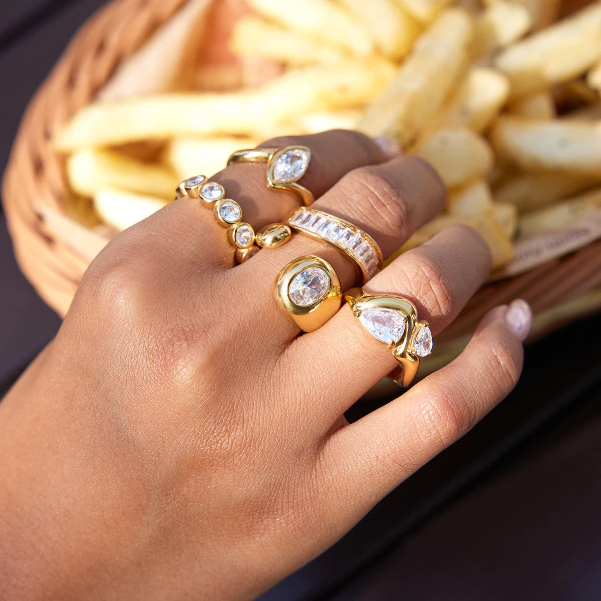 KIKA Classic style  white zircon inlaid stone ring Stainless Steel 316L Gold Color layering Rings
