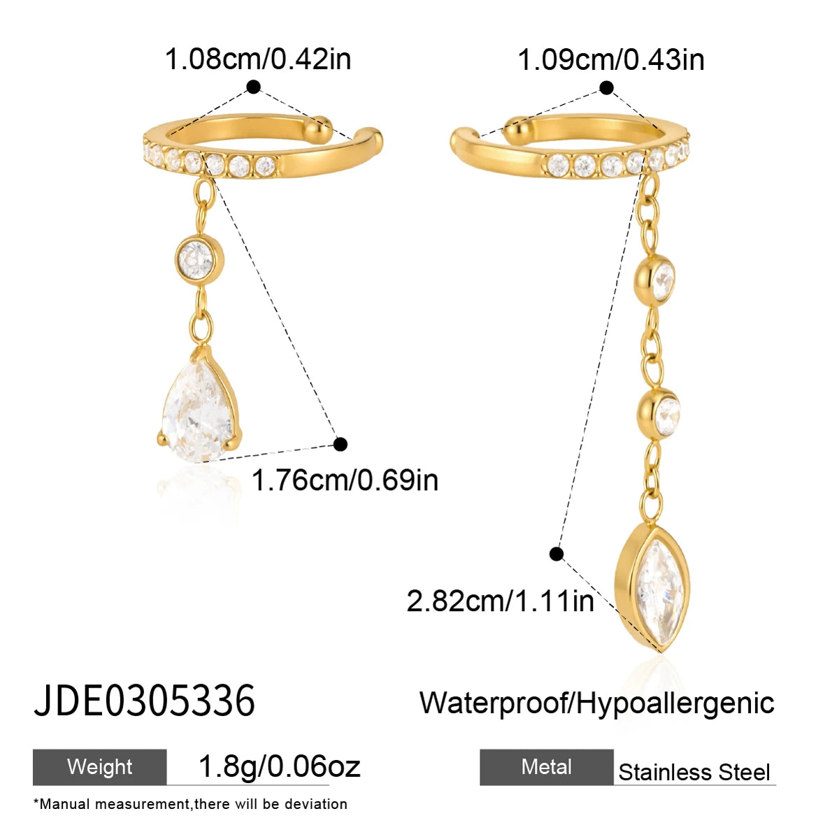 Kika Asymmetric Zircon Pendant Non-piercing Ear Clips 18K Gold PVD Plated Stainless Steel 316L