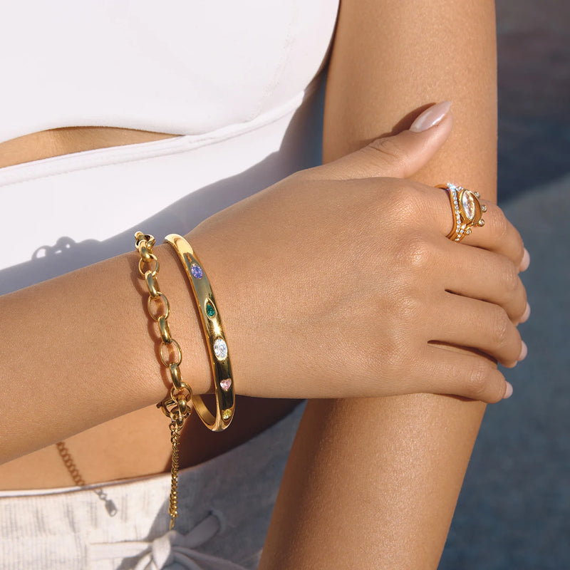 KIKA Classic Shiny Circle White Colored Zircons Open Bracelet For Women 18K PVD Gold Plated Stainless Steel Bracelets