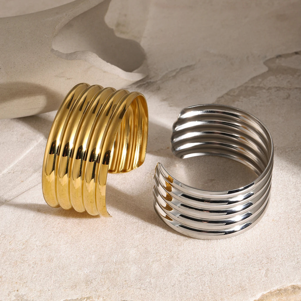 KIKA Luxury Stainless Steel Statement Gold Color Cuff Bracelet Bangle Metal Texture Temperament Fashion Waterproof Jewelry
