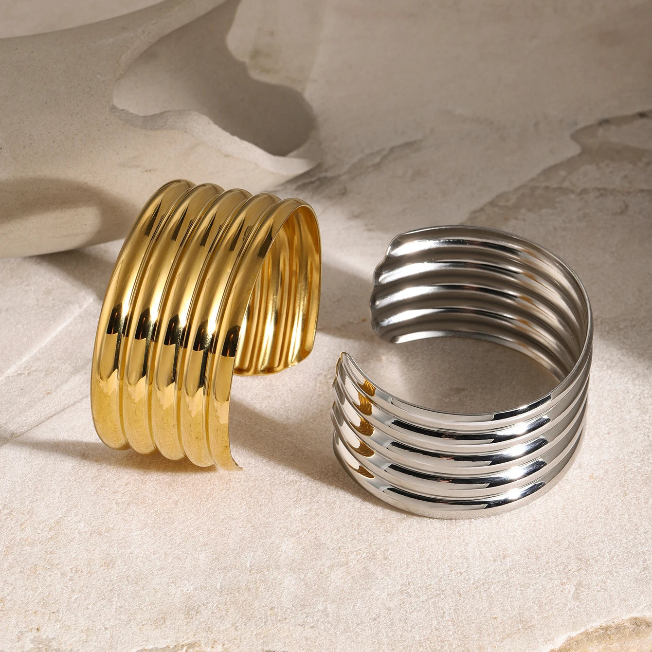 KIKA Luxury Stainless Steel Statement Gold Color Cuff Bracelet Bangle Metal Texture Temperament Fashion Waterproof Jewelry