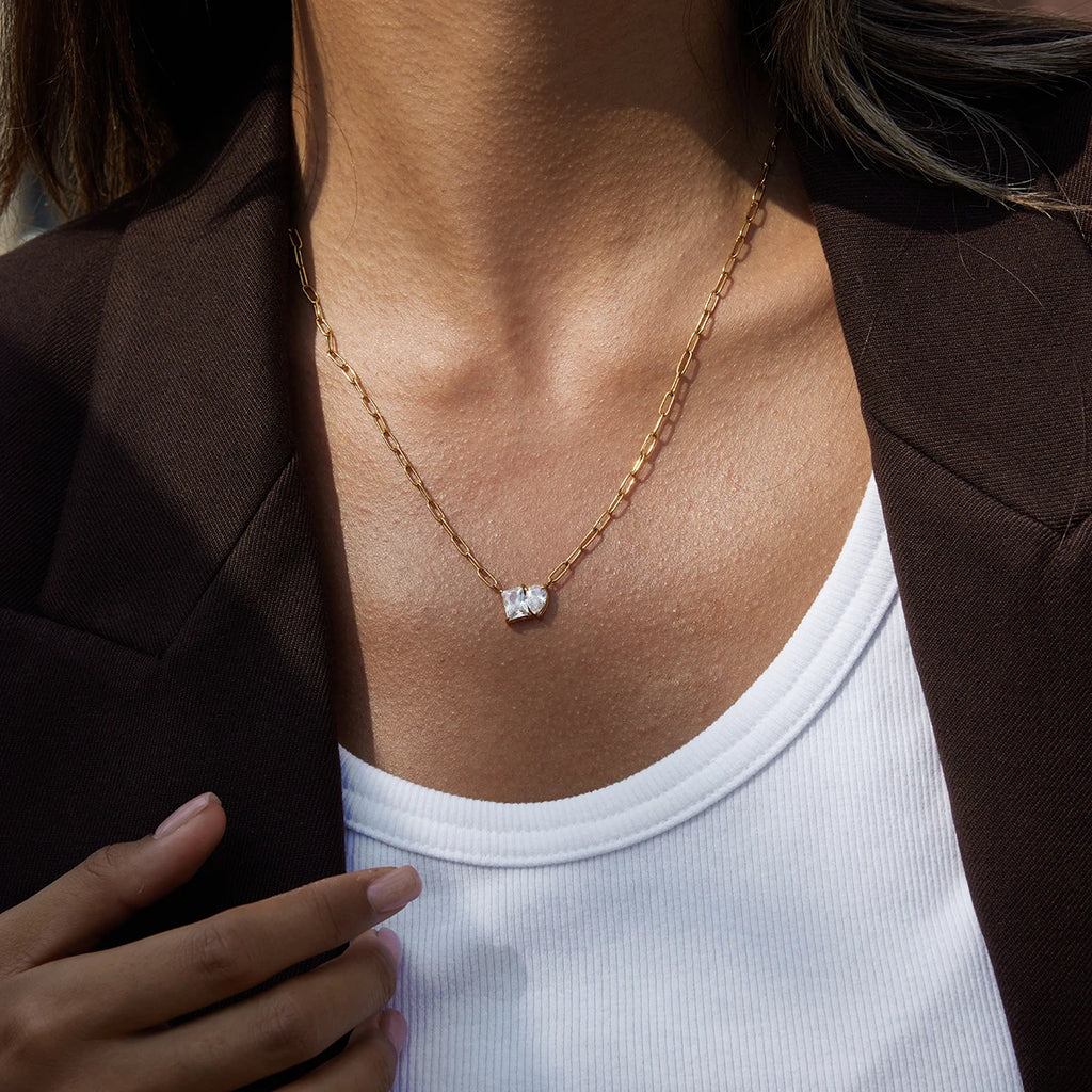 Kika Simple Classic Stainless Steel Square White Zircon Water Drop Pendant Necklace