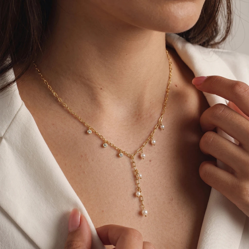Kika Freshwater Pearl Zircon Pendant Y Shape Chain Necklace 18K Gold PVD Plated Stainless Steel 316L