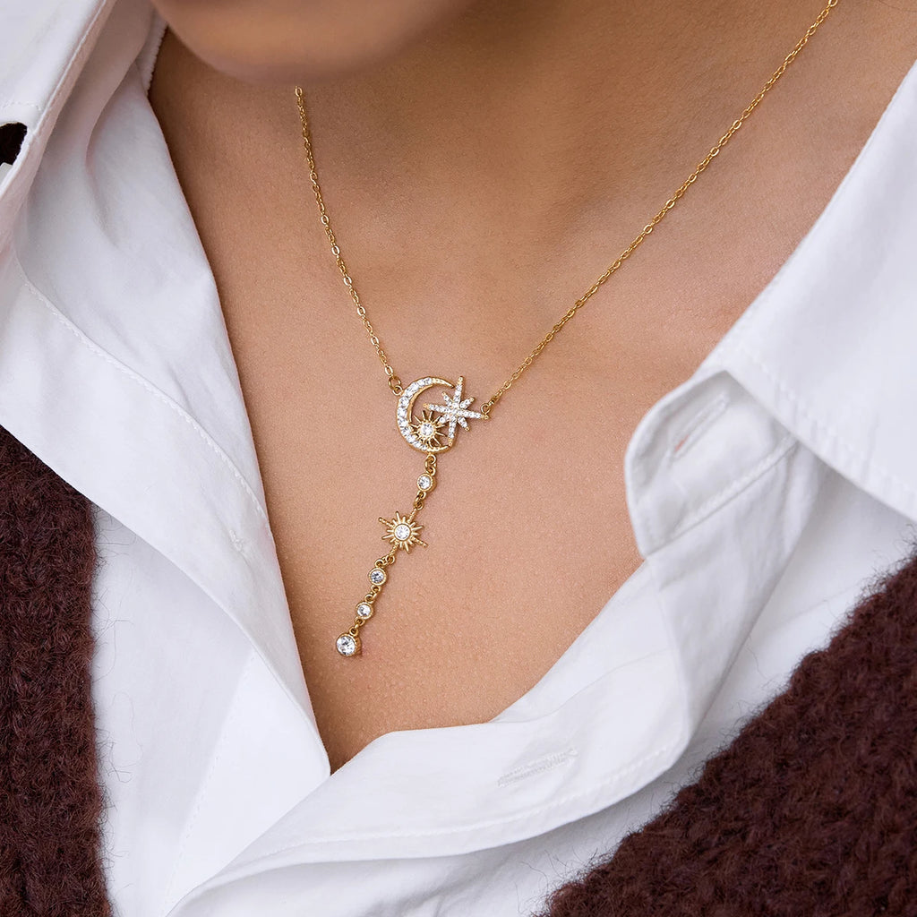 Kika Rhinestones Flower Star Moon Pendant Y-Shaped Chain Necklace