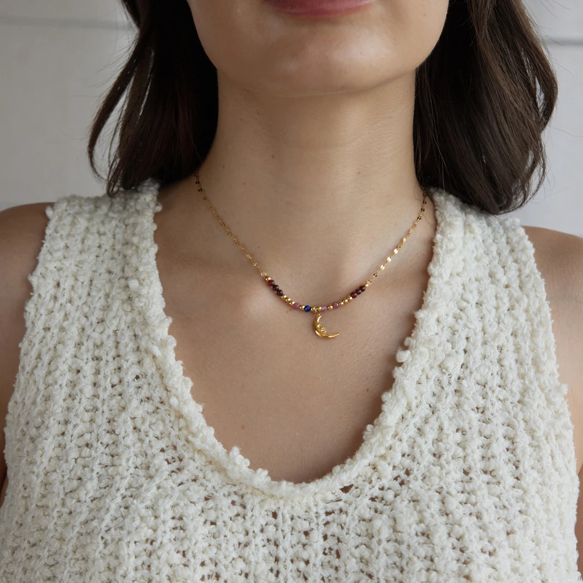 KIKA Natural Stone Beads Geometric Pendant Necklace For Women 18K Gold Plated Stainless Steel 316L