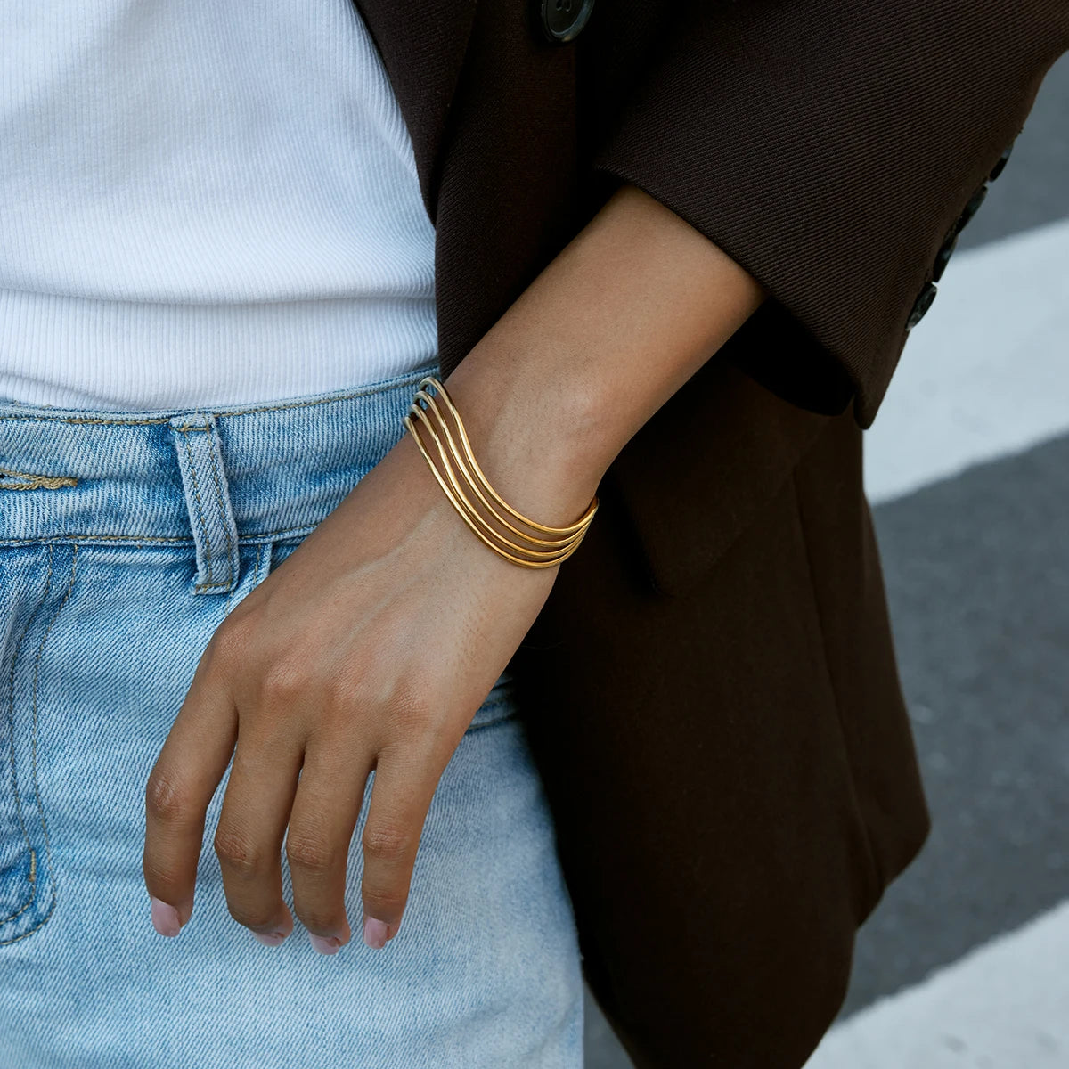Kika Minimalist 18K Gold Color Plated Stainless Steel Multi Layer Line Hollow  Bracelets Woman