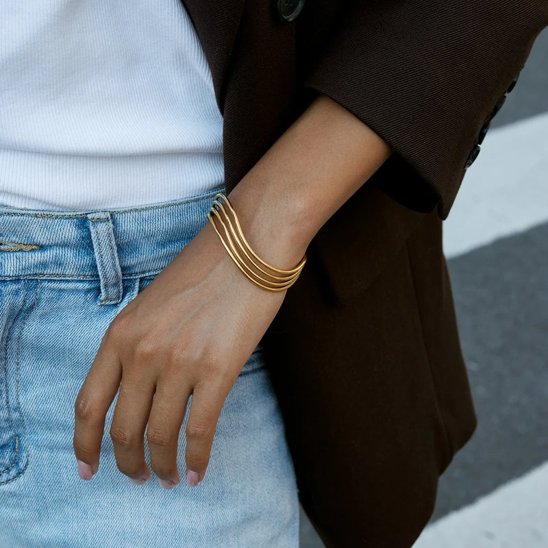 Kika Minimalist 18K Gold Color Plated Stainless Steel Multi Layer Line Hollow  Bracelets Woman