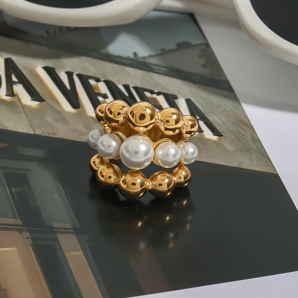 Kika Stacking Pearl Ring For Women-18K Gold Color Plated Large Statement Ring