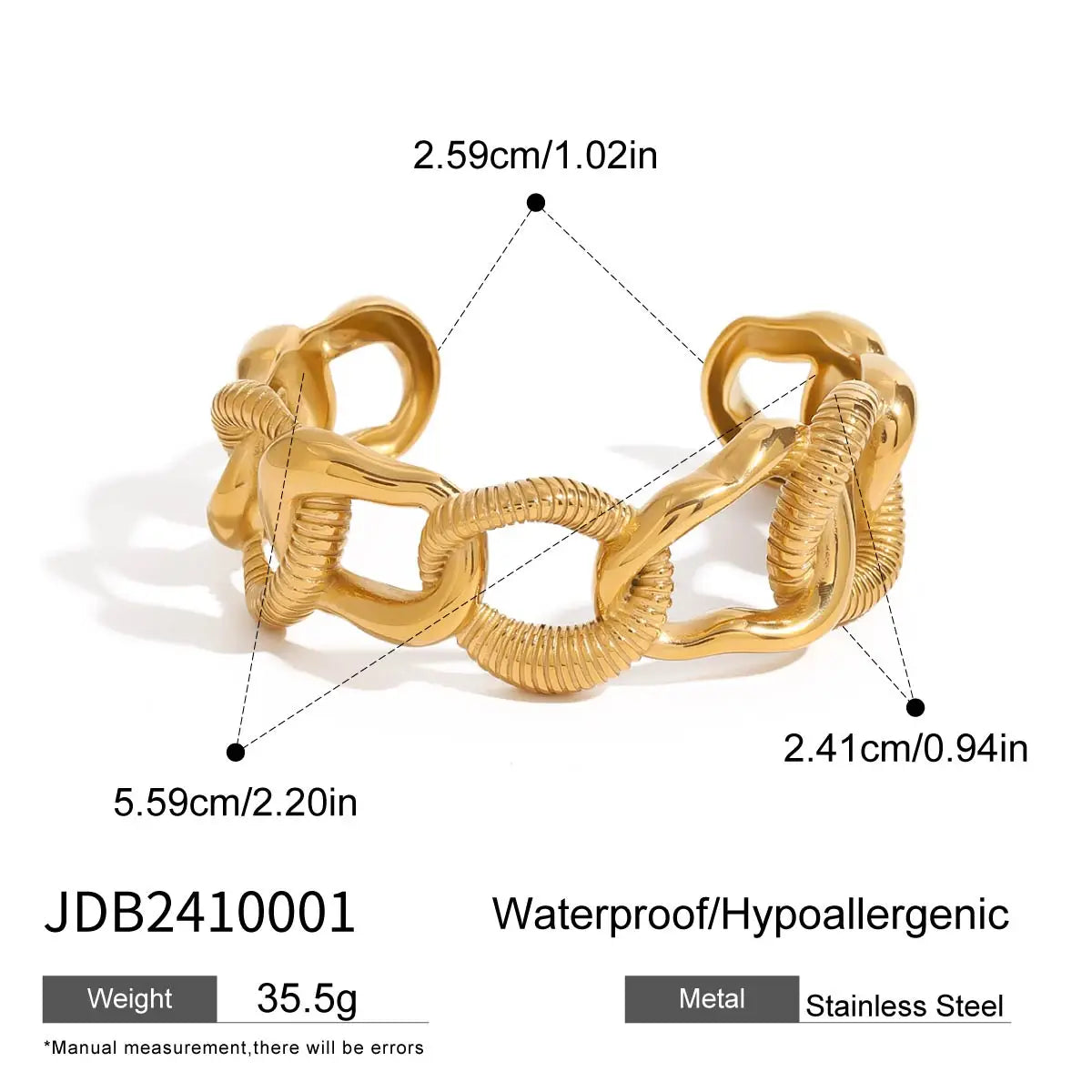 KIKA Unique Stainless Steel 316L Metal Wide Cuff Open Bracelet Bangle  PVD Plated Waterproof