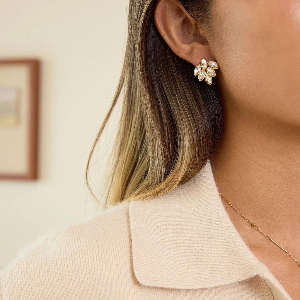 Kika White Rhinestone Leaf Earrings