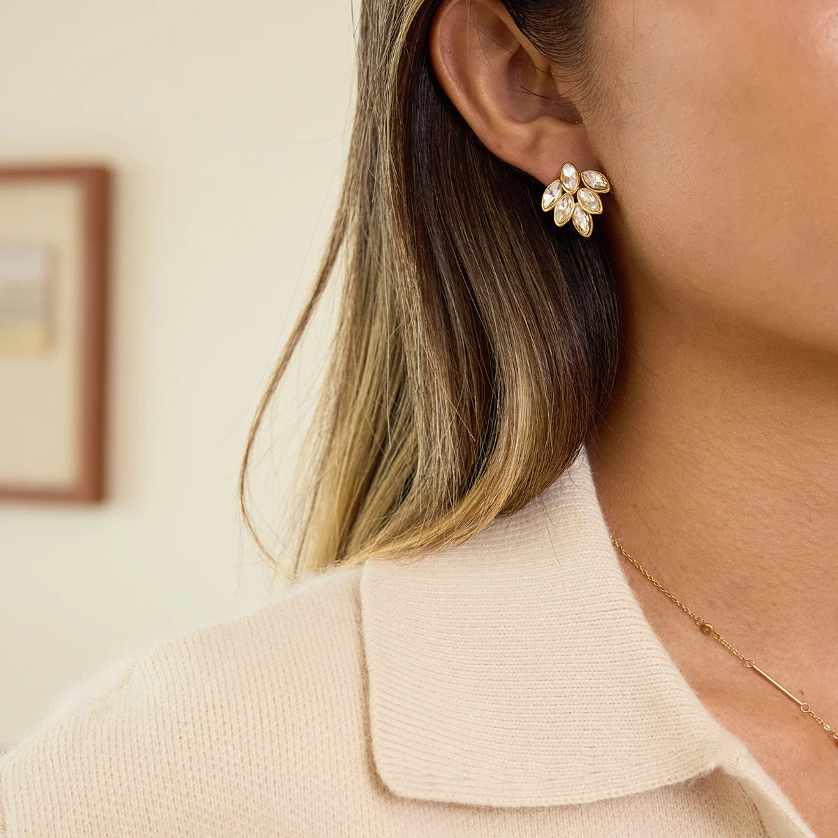 Kika White Rhinestone Leaf Earrings
