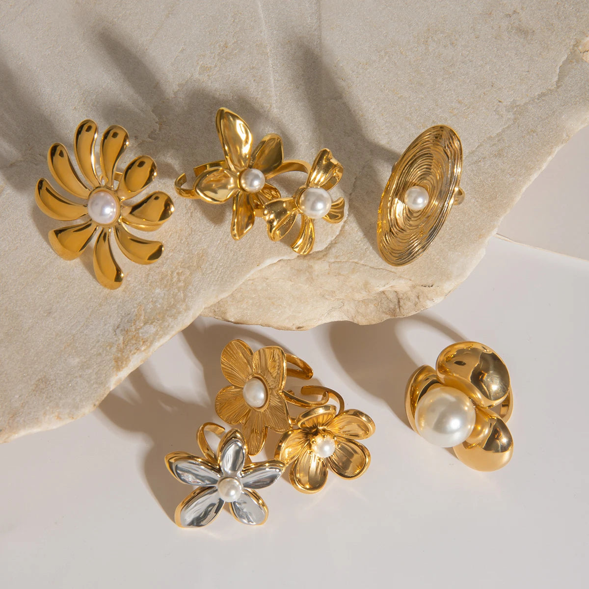 Kika Fashion Gold Color And Silver Color Flower Pearl Ring