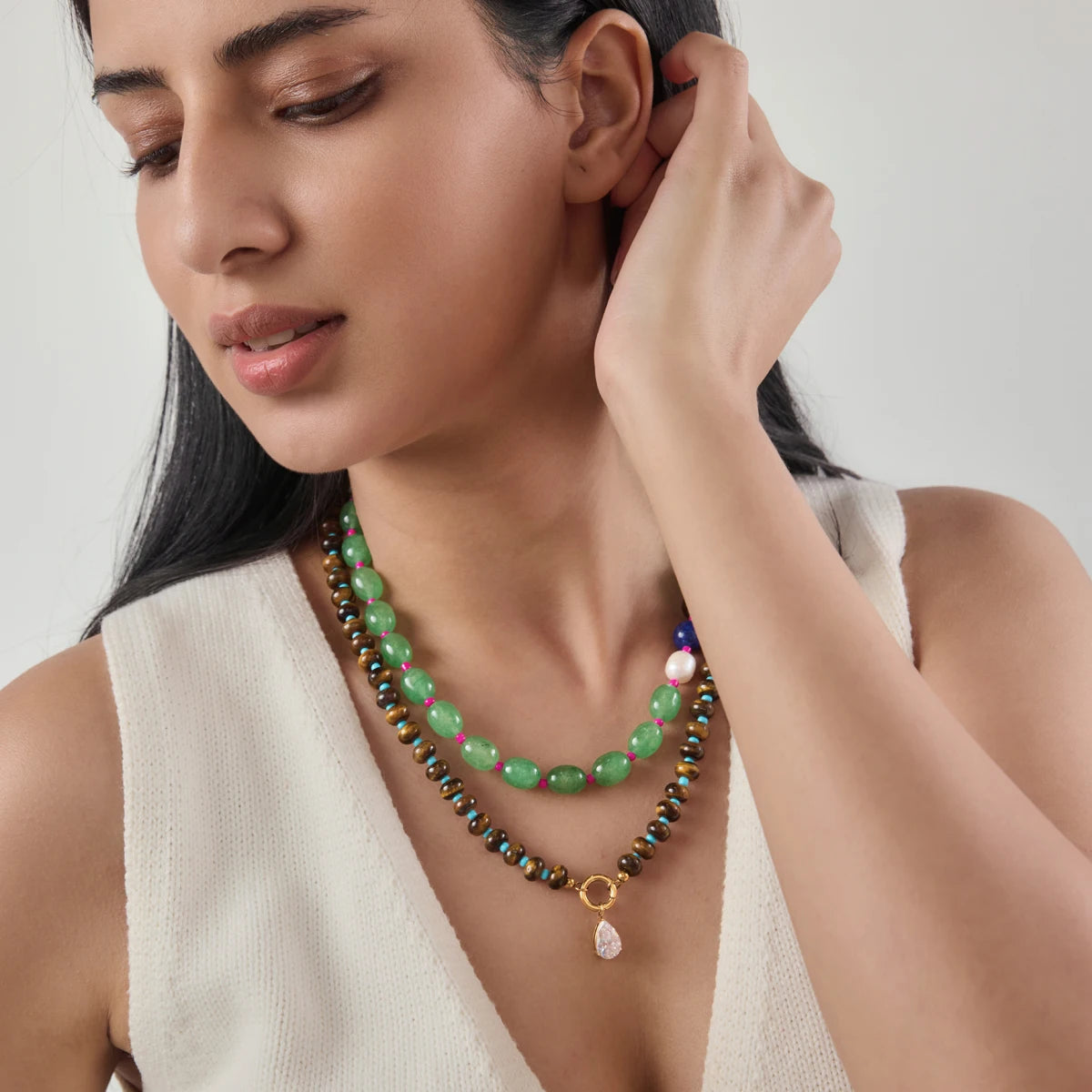 KIKA Water Drop Zircon Tiger Eye Stone Bead Necklace For Women 18K Gold Plated Stainless Steel Necklace Fashion Jewelry Gift
