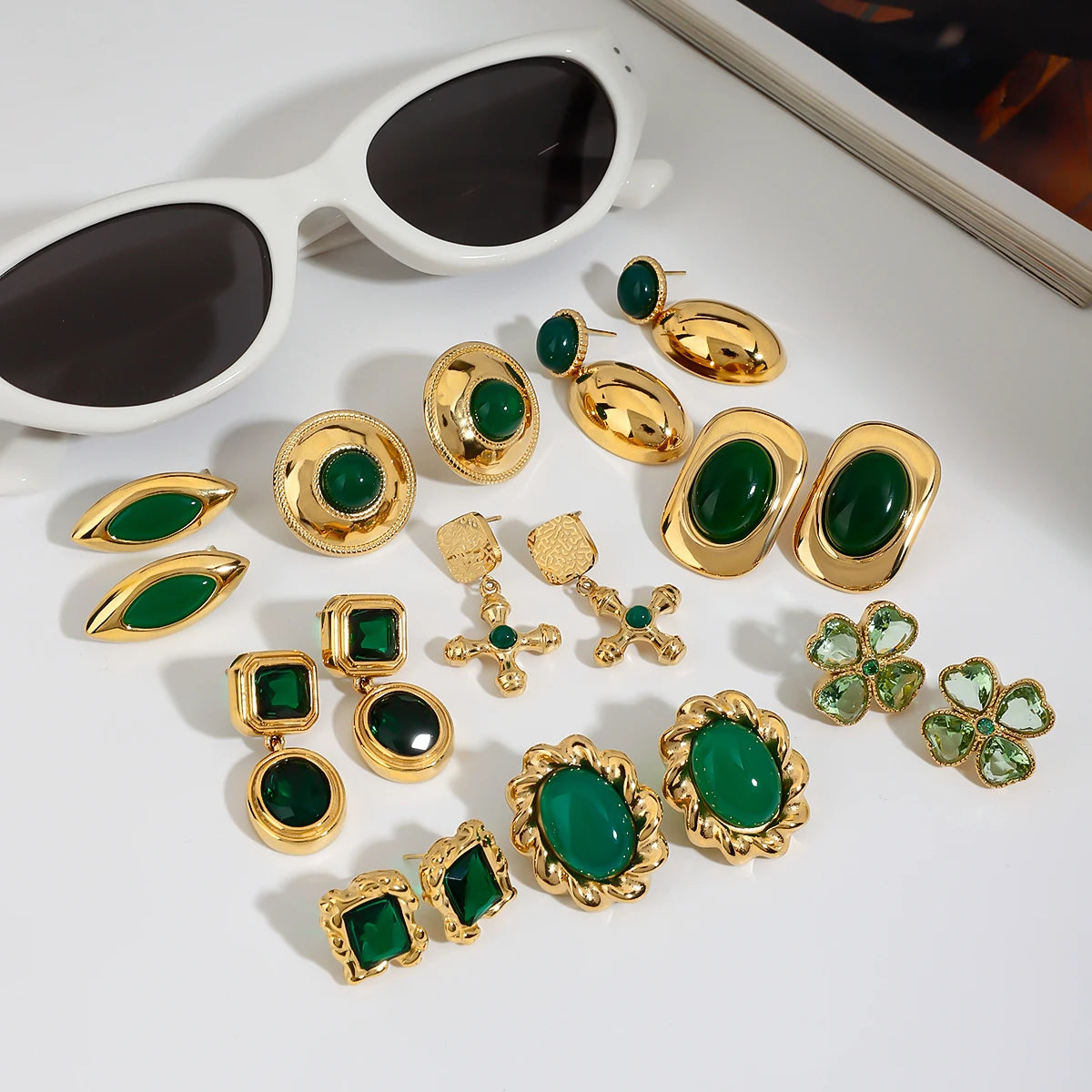 Kika Retro 18K Gold Color Stainless Steel Green Zircon Geometric Earrings