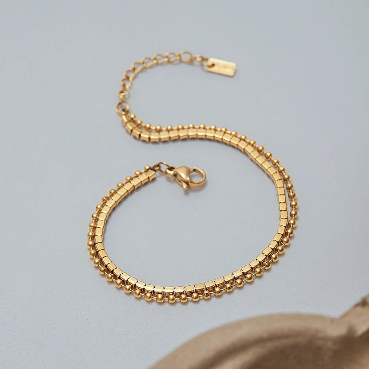 KIKA Minimalist Classic 18K Gold Color Plated Stainless Steel Pink Rhinestone Claw Chain Bead Chain Double-layer Bracelet Wome