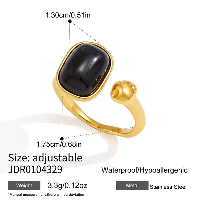 Kika Vintage Black Natural Stone Open Rings Minimalist 18K Gold Plated Stainless Steel 316L