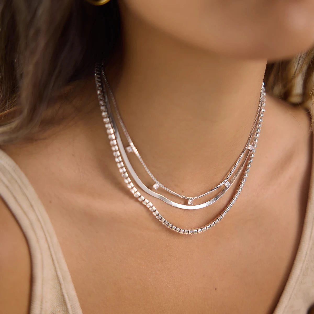 Kika Delicate Steel Color Square White Zircon Pendant Three-Layer Multi-Layer Necklace