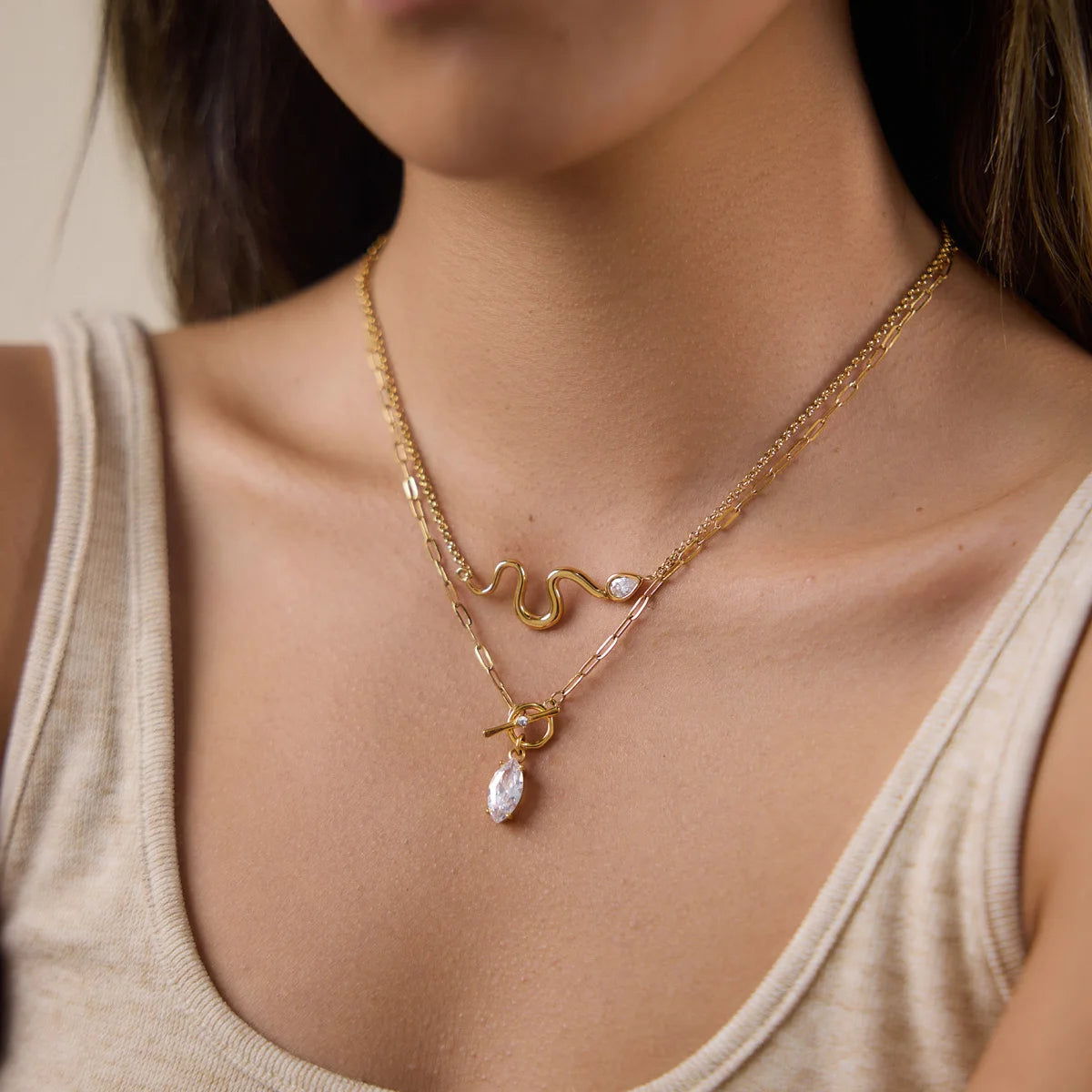 Kika Water Drop Zircon Snake Shape Pendant Necklace