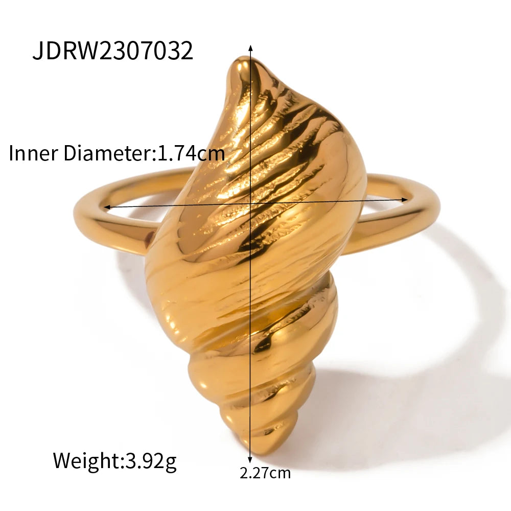KIKA  Vacation Ocean Wind 18K Gold Color Plated Stainless Steel 316L Hollow Shell Ring Starfish Coral Stackable Ring