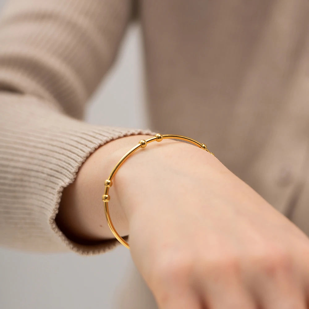 kika Fashion Jewelry 18K Gold Plated Ball Bracelets Stainless Steel Round Bead Ball Cuff Bangle