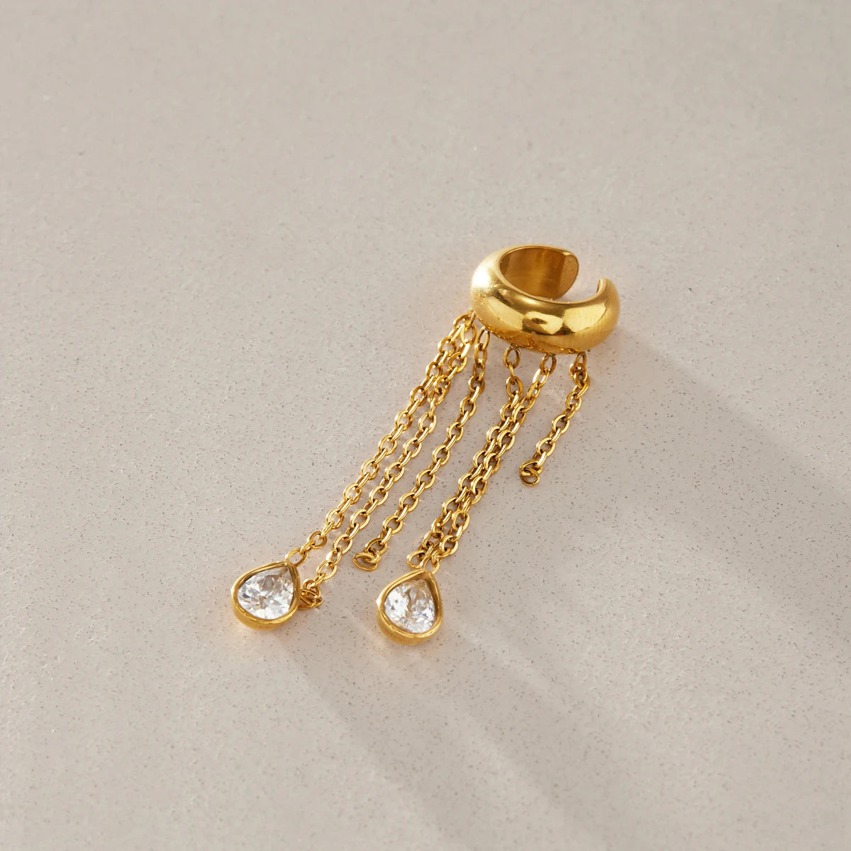 KIKA 1 PC Water Drop Zircon Chains Tassel Non-piercing Ear Clip 18K Gold Plated Stainless Steel 316L
